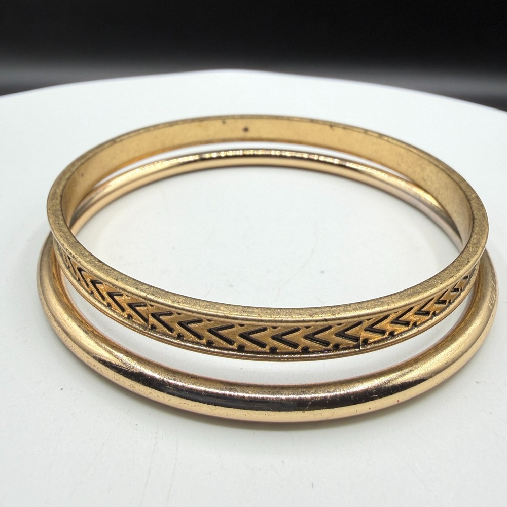Gold Tone Set of 2 Bangle Bracelets Chevron Pattern Boho Stack Statement Gift